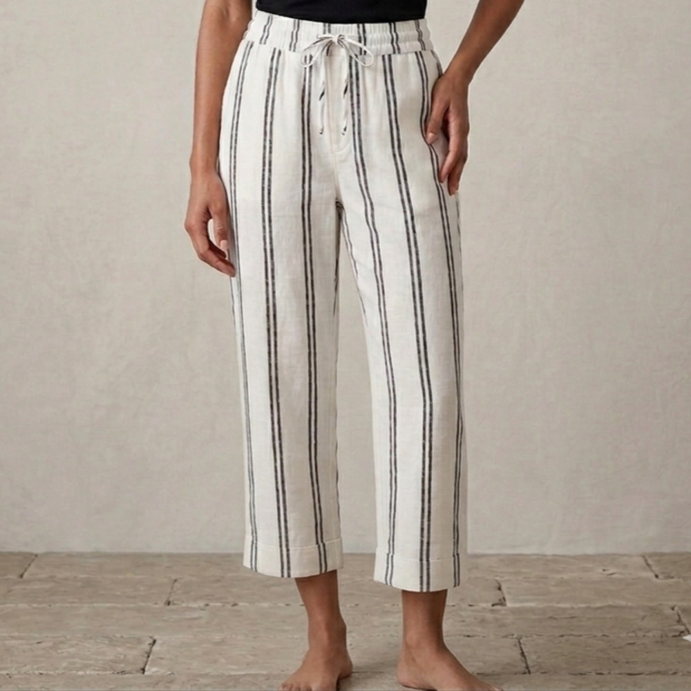 Sz 4 GAP Women's Pull-on Cream Black Linen/Rayon Blend Crop Pants